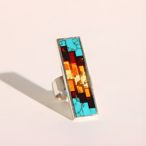 Turquoise and Baltic Amber Mosaic Ring- Sterling Silver -Adjustable Size - Picture 1 of 7